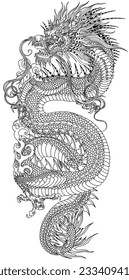 Chinese or East Asian dragon in vertical position. A head facing towards the left side and baring its teeth, a serpent-like body, elegantly coiled around a central focal point. Tattoo. Black and white