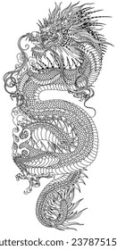 dragón chino o asiático oriental en posición vertical. Una cabeza orientada hacia el lado izquierdo y con los dientes cortados, un cuerpo serpenteante, enrollado elegantemente alrededor de un punto central. Tatuaje tradicional