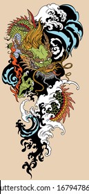 Chinese or East Asian dragon with water waves. Tattoo. Vector illustration