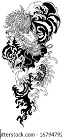 Chinese or East Asian dragon with water waves. Black and white tattoo. Vector illustration