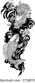 Chinese or East Asian dragon with water waves and Japanese koi carp fish swimming up. Tattoo. Vector illustration