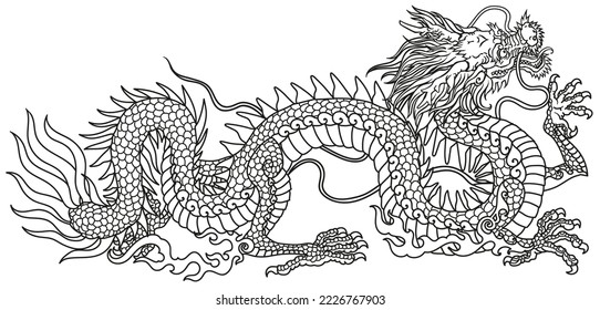 Chinese or Eastern dragon . Traditional mythological creature of East Asia. Tattoo.Celestial feng shui animal. Side view. Graphic lineart vector illustration