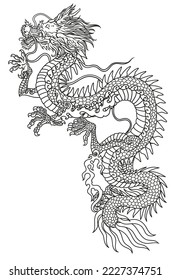 Chinese or Eastern dragon . Traditional mythological creature of East Asia. Tattoo.Celestial feng shui animal. Side view. Graphic line art. Isolated vector illustration