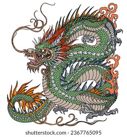 Chinese or Eastern green dragon. Traditional mythological creature of East Asia. Tattoo.Celestial feng shui animal. Side view. Graphic style isolated vector illustration