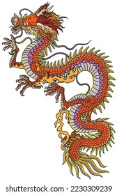 Chinese or Eastern red dragon. Traditional mythological creature of East Asia. Tattoo.Celestial feng shui animal. Side view. Graphic style isolated vector illustration