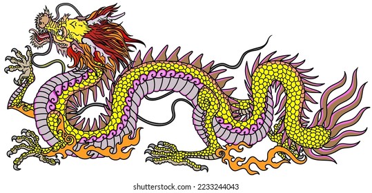 Chinese or Eastern yellow golden dragon. Traditional mythological creature of East Asia. Tattoo.Celestial feng shui animal. Side view. Graphic style isolated vector illustration