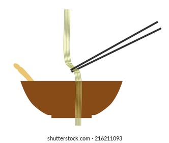 Chinese egg noodles  with chopsticks against a clean background. Bamee vector illustration.