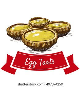 Chinese egg tarts colorful illustration. Vector illustration of Chinese cuisine.