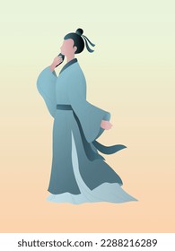 A Chinese elderly man in traditional costume stroking his beard. Vector illustration of ancient chinese people.