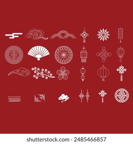 Colección de elementos chinos. Vector decorativo colección de patrones, marco, flores , nubes y nudos en estilo chino