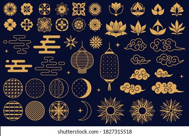 Chinese elements. Asian new year gold decorative traditional oriental style symbols, festive lanterns, lotus and sakura flowers, clouds and moon. Elegant line and silhouette golden vector isolated set