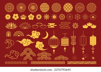 Chinese elements Asian new year gold decorative lanterns, Chinese traditional patterns, flowers, clouds, elements and ornaments Chinese and Japanese New Year element collection