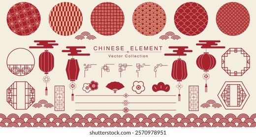 Chinese elements. Asian new year gold decorative patterns and lanterns , clouds and ornaments traditional oriental style vector set. Asian chinese oriental elements to holiday illustration 