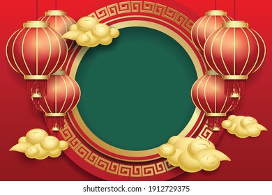 Chinese elements new year with gold cloud and with lanterns on red background