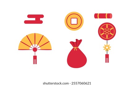Chinese elements and ornaments isolated set in flat design. Bundle of asian gold traditional and symbols to holiday
