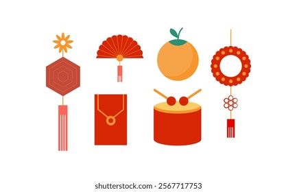 Chinese elements and ornaments isolated set in flat design. Bundle of asian gold traditional and symbols to holiday