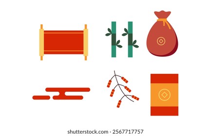 Chinese elements and ornaments isolated set in flat design. Bundle of asian gold traditional and symbols to holiday