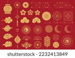 Chinese elements and ornates isolated set in flat design. Bundle of asian gold traditional and symbols to holiday, lanterns, clouds, flowers, frames, knots, rosettes and other. Vector illustration.
