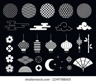 Chinese elements set. Collection of graphic elements for website. Asian style, jewelry, decorations for home and fan, clouds and moon. Cartoon flat vector illustrations isolated on black background