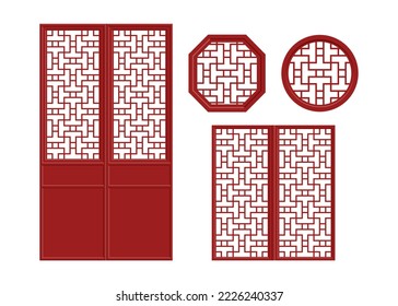 Chinese elements set with doors and windows, flat vector illustration set 5