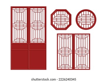 Elementos chinos con puertas y ventanas, conjunto de ilustraciones vectoriales planas 1