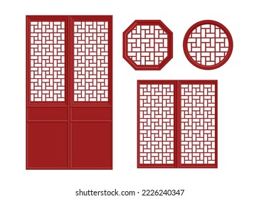 Éléments chinois ensemble de portes et de fenêtres, ensemble d'illustrations vectorielles à plat 4