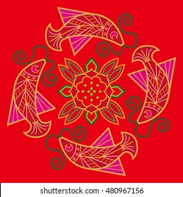Chinese embroidery fish pattern. The symbolic meaning of fish throughout Chinese tradition is affluence.