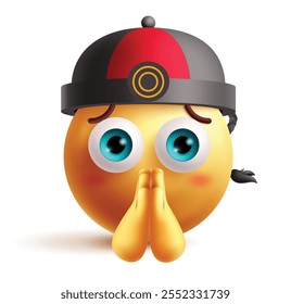 Chinese emoji clipart character. Pleading chinese emoji 3d character in sorry, begging and please hand gesture wearing traditional hat graphic elements. Vector illustration pleading emoticon clip art.