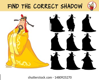 Chinese emperor. Find the correct shadow. Educational matching game for children. Cartoon vector illustration