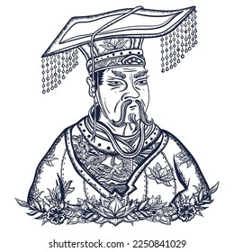 Chinese emperor portrait. Ancient China history and culture. Old school tattoo vector art. Hand drawn graphic. Isolated on white. Traditional flash tattooing style