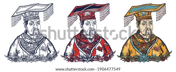 Chinese emperor\
portrait. Ancient China history and culture. Old school tattoo\
vector art. Hand drawn cartoon character set. Isolated on white.\
Traditional tattooing style\
