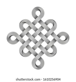 Chinese endless auspicious knot made of crossed metal wires.  Ancient traditional Buddhist symbol. Vector illustration isolated on white background.
