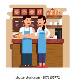 Chinese entrepreneurs couple owners of small coffee & pastry shop business. Man & woman standing in front of counter together. Takeaway cafe business interior. Flat style isolated vector illustration.