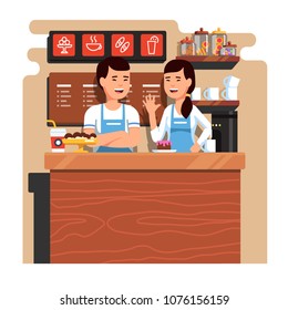 Chinese entrepreneurs couple owners of small coffee and pastry shop business. Man and woman standing behind counter together. Takeaway cafe business interior. Flat style isolated vector illustration