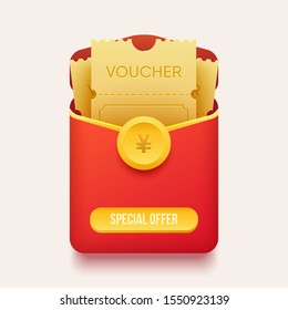 Chinese envelope with paper vouchers. Winner gift illustration. Esp10 vector.