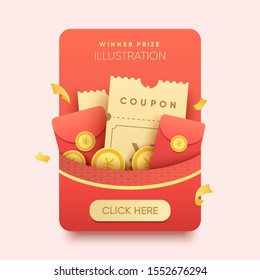 Chinese envelope with paper vouchers. Winner prize illustration in asian style. Esp10 vector.