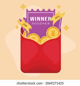 Chinese Envelope in red Color with Yuan Gold Coins and Winner Voucher Vector Illustration