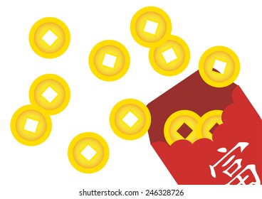 Chinese envelope with Chinese text "F�¹" means "Rich" and old Chinese golden coin vector on white background