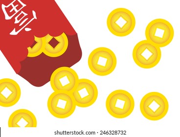 Chinese envelope with Chinese text "FÃ?Â¹" means "Rich" and old Chinese golden coin vector on white background