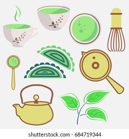 Chinese ethnic and national tea ceremony. Matcha. Traditions of teatime. Decorative elements for your design. Vector Illustration with party symbols on white background.