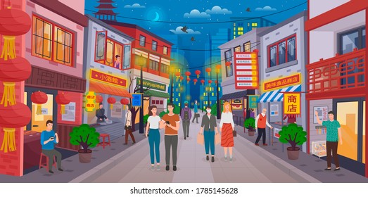 Chinese evening street. Traditional Asian buildings, shops, shops, Chinese lanterns. Tourists walk along the street, eastern sellers invite visitors. Woman in a protective mask. Bright Chinatown