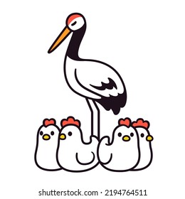 鹤立鸡群 Chinese expression: A crane standing among chickens. Simple cartoon drawing, vector illustration.