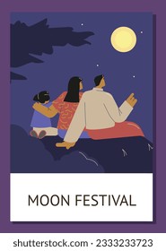 Chinesische Familie schätzt Vollmond, Mitte Herbst Festival Traditionspaket, flache Vektorgrafik. Familie mit Kind, das Vollmond anschaut. Menschen, die die Natur genießen. Festivalbanner am Mond.