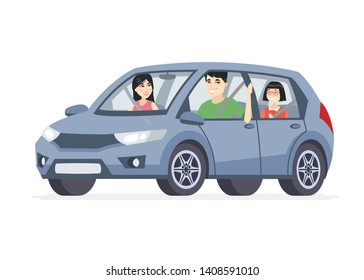 Chinese family in the car - cartoon people character illustration on white background. An image of a young smiling parents with happy daughter in a vehicle on a road trip, having a good time together