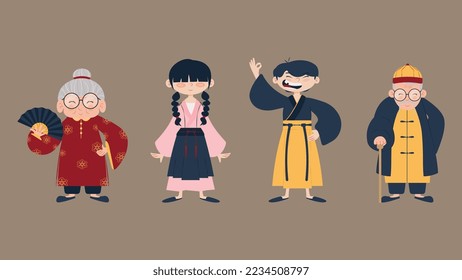 Personajes de caricatura de la familia china con ropa tradicional en ilustraciones planas, Chico, Niña, abuelo y abuela. Totalmente editable, Feliz Año Nuevo Chino 2023, año del conejo. Vector