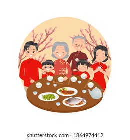 Chinese family celebrate Lunar new year together. Happy family dinner at table decorated with cherry tree. Flat vector isolated on white background