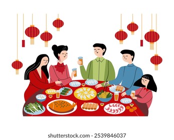 A família chinesa celebra o Ano Novo Lunar à mesa com comida. Ilustração desenhada à mão vetorial.