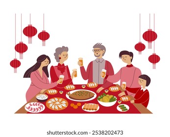 A família chinesa celebra o Ano Novo à mesa de festas. Ilustração desenhada à mão em vetor sobre o tema do Ano Novo Lunar Chinês.