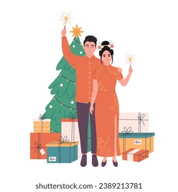 Chinese family celebrating Christmas or New Year. Christmas tree with presents. Chinese New Year. Vector illustration in flat style 