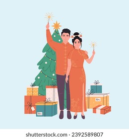 Chinese family celebrating Christmas or New Year. Christmas tree with presents. Chinese New Year. Vector illustration in flat style 